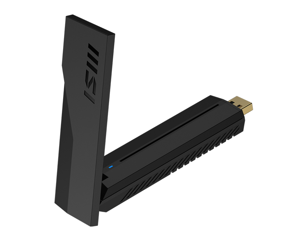 MSI BE6500 WiFi 7 USB adapter - angled view with the USB connector and antenna up