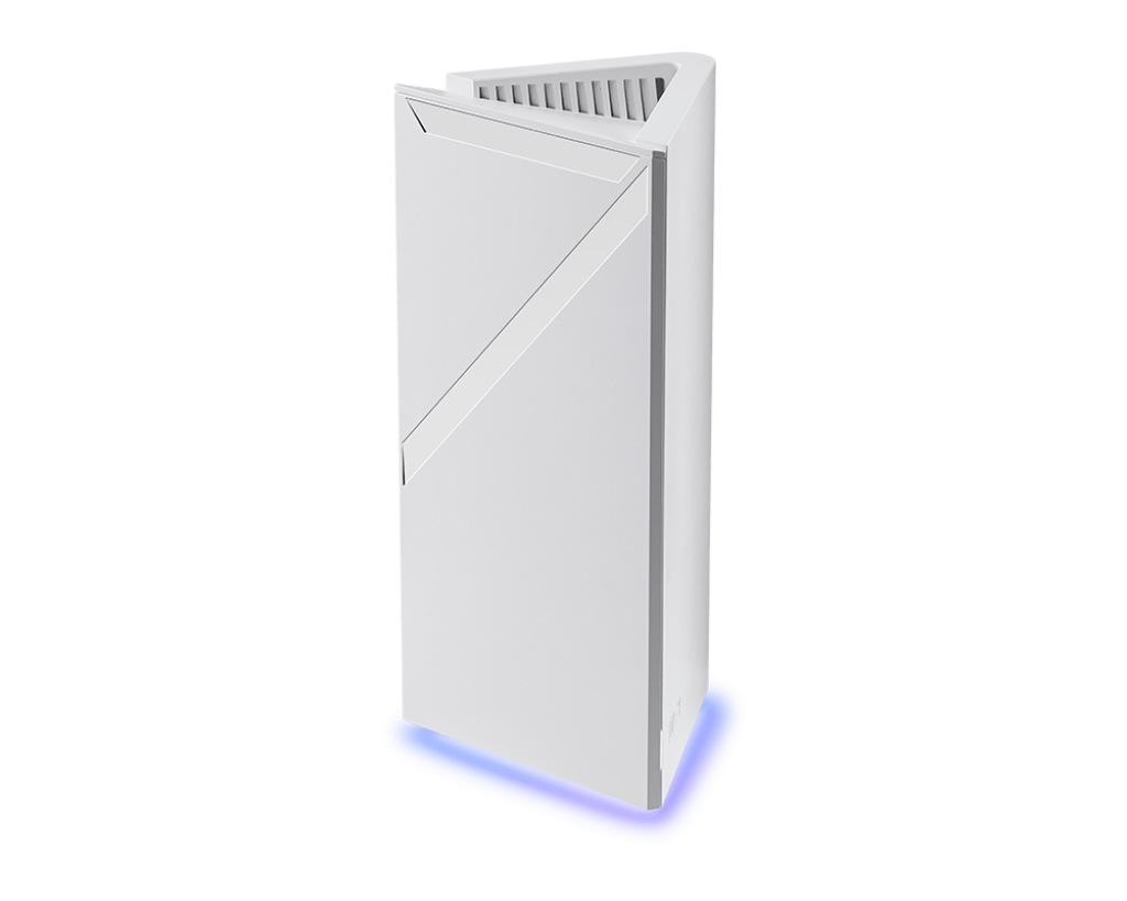 MSI Roamii BE Pro WiFi 7 mesh unit - side profile with the LED strip lit