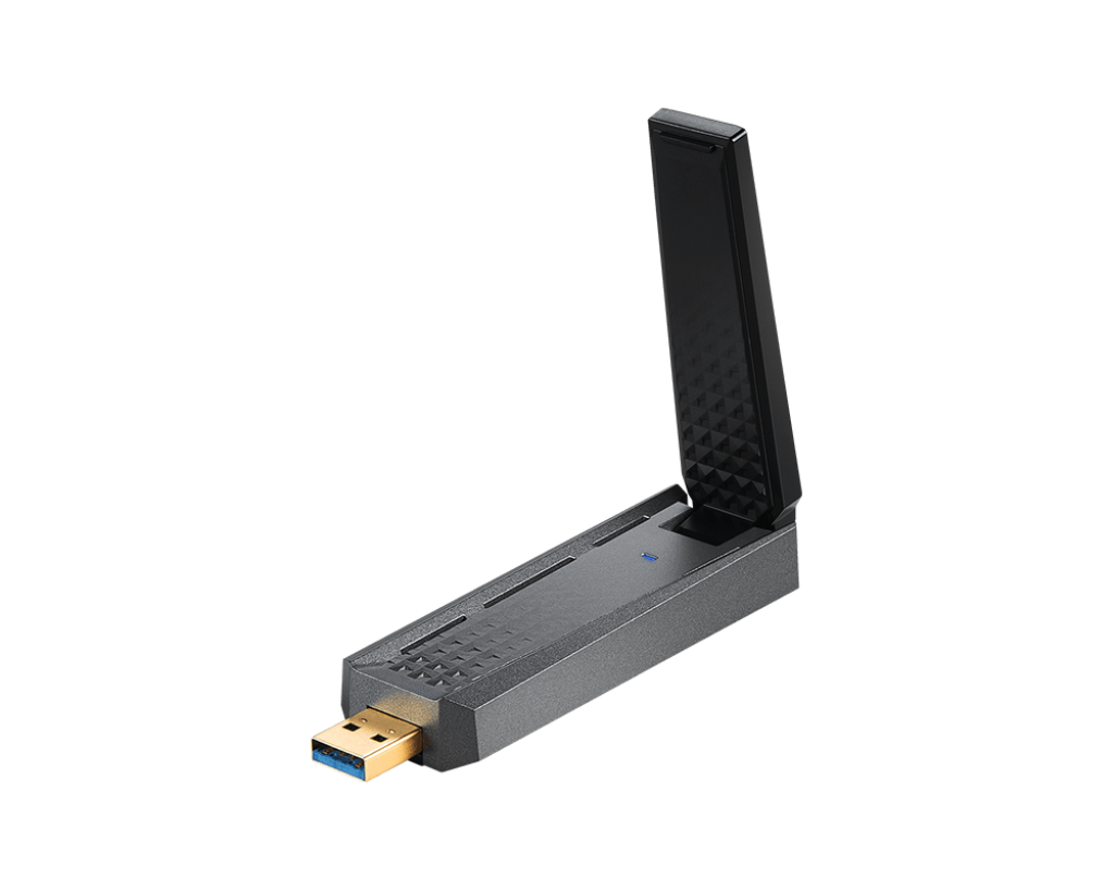 MSI AX1800 WiFi 6 USB adapter - angled view of the body and antenna