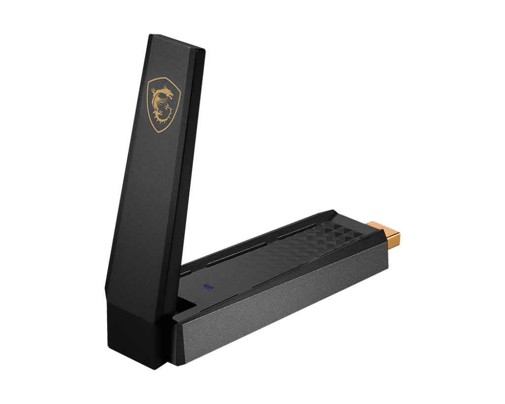 MSI AXE5400 WiFi 6E USB adapter - front view with the MSI dragon logo