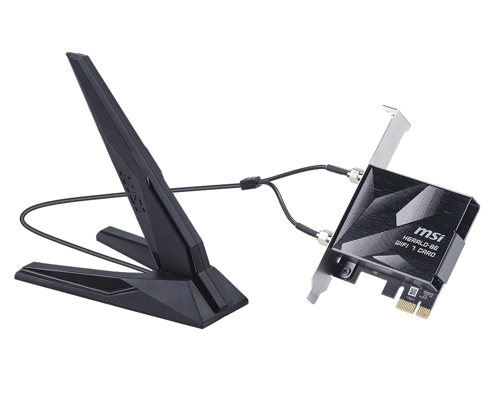 MSI HERALD BE9400 WiFi 7 PCIe card - angled view of the card, cable and antenna base