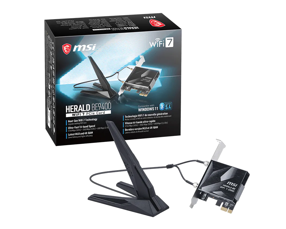 MSI HERALD BE9400 WiFi 7 PCIe card retail box with the card and antennas